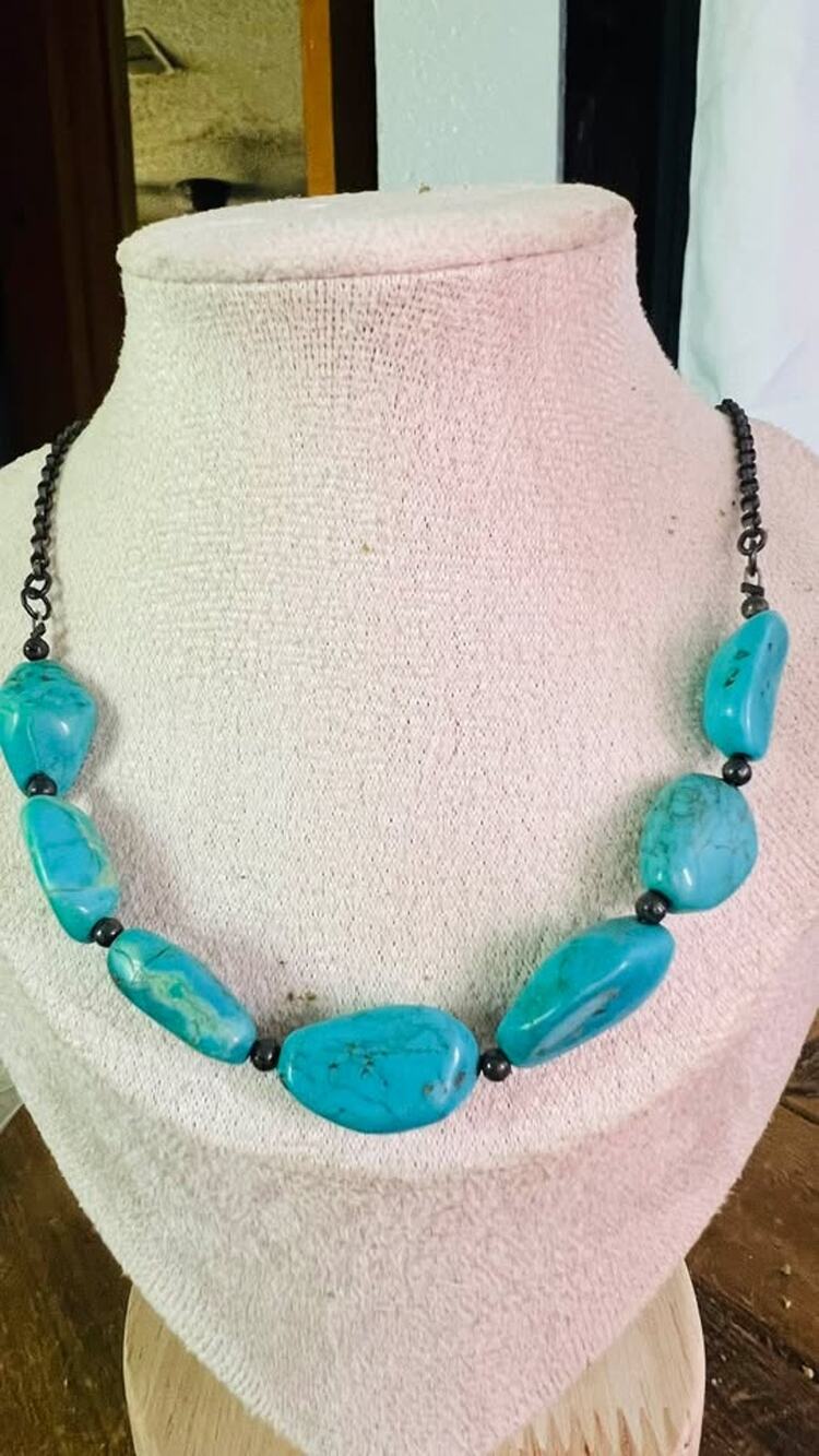 Turquoise Nugget and Black Bead Necklace
